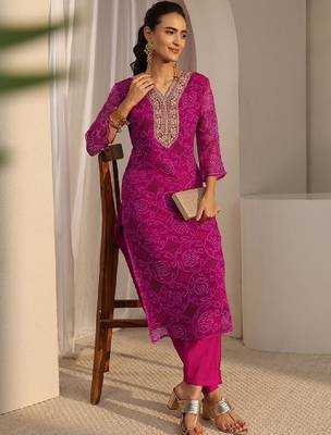 Pink bandhani printed chiffon straight kurta 2
