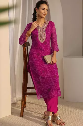 Pink bandhani printed chiffon straight kurta
