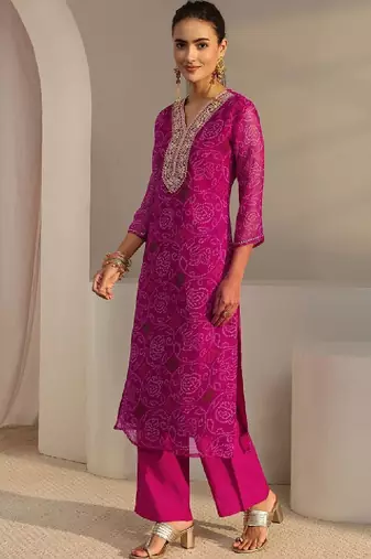 Pink bandhani printed chiffon straight kurta