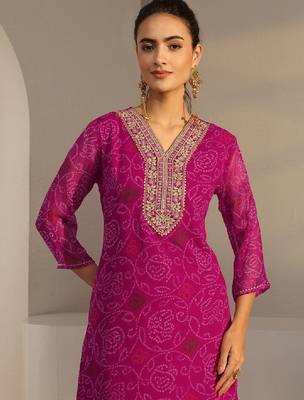 Pink bandhani printed chiffon straight kurta 4
