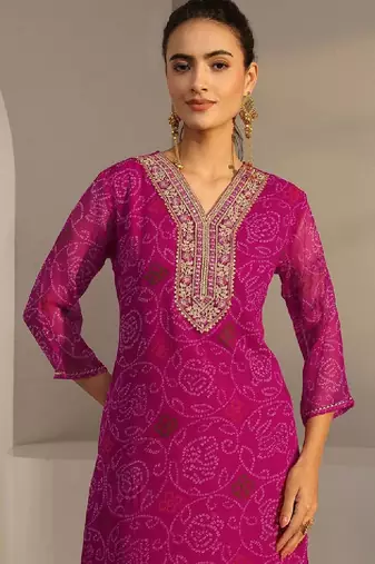 Pink bandhani printed chiffon straight kurta