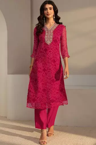 Pink bandhani printed chiffon straight kurta