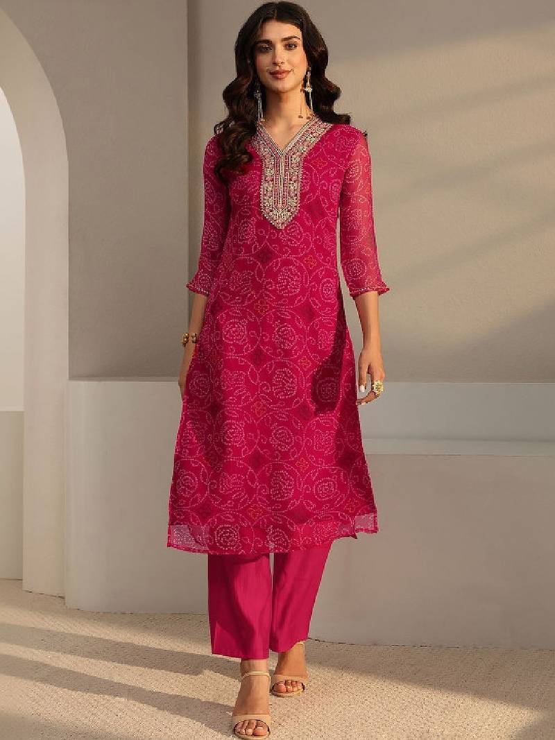 Pink bandhani printed chiffon straight kurta