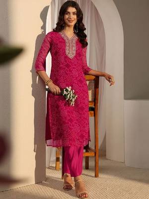 Pink bandhani printed chiffon straight kurta 2