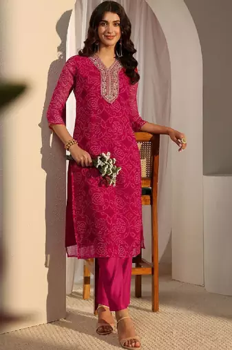 Pink bandhani printed chiffon straight kurta
