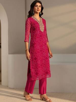 Pink bandhani printed chiffon straight kurta 3
