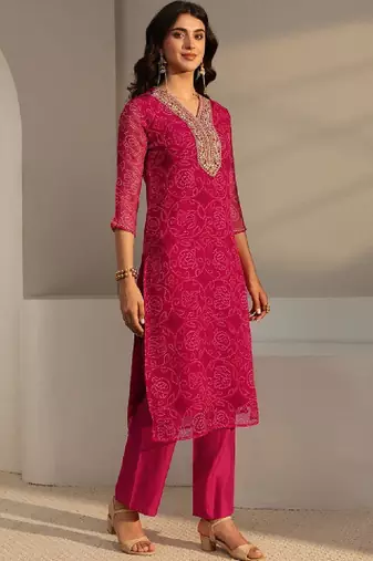 Pink bandhani printed chiffon straight kurta