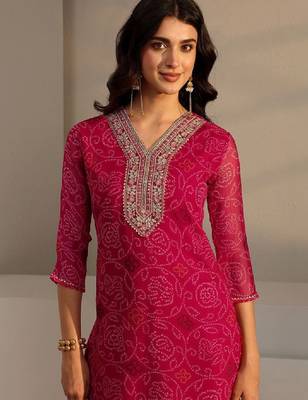 Pink bandhani printed chiffon straight kurta 4