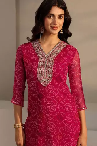 Pink bandhani printed chiffon straight kurta