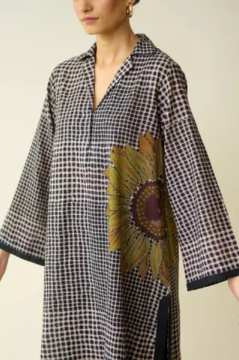 Women charcoal checked thread work cotton kurta