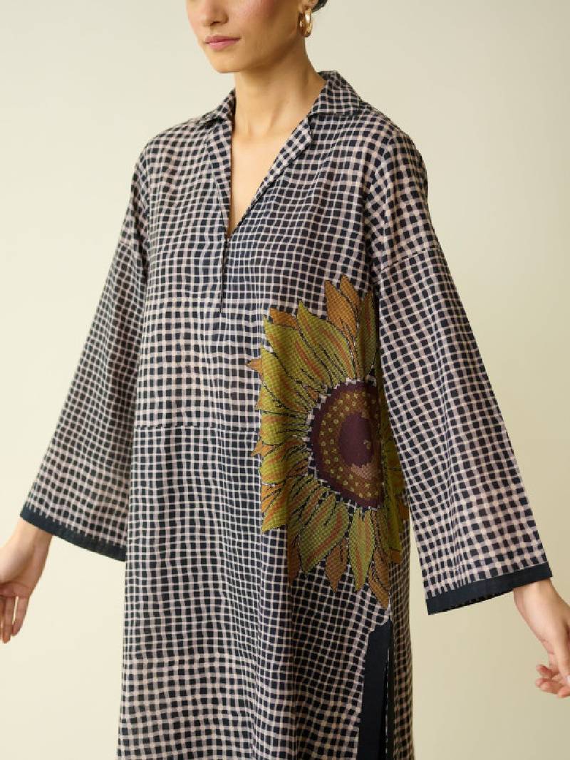 Women charcoal checked thread work cotton kurta