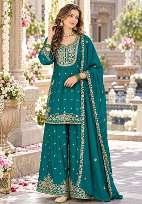 Teal chinon readymade suit with embroidery & sequence work 1