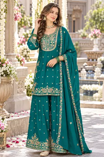 Teal chinon readymade suit with embroidery & sequence work