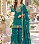 Teal chinon readymade suit with embroidery & sequence work