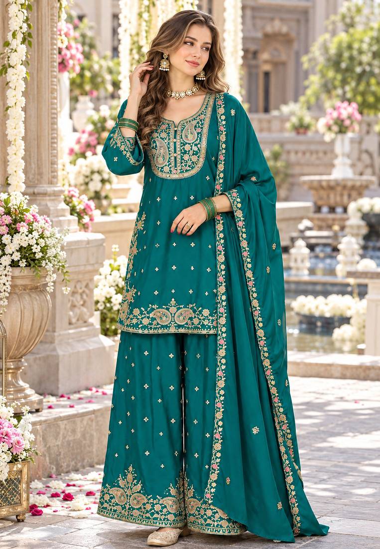 Teal chinon readymade suit with embroidery & sequence work