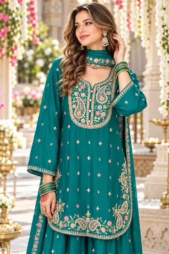 Teal chinon readymade suit with embroidery & sequence work