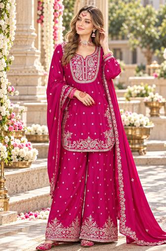 Rani pink chinon readymade suit with embroidery & sequence work