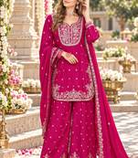 Rani pink chinon readymade suit with embroidery & sequence work