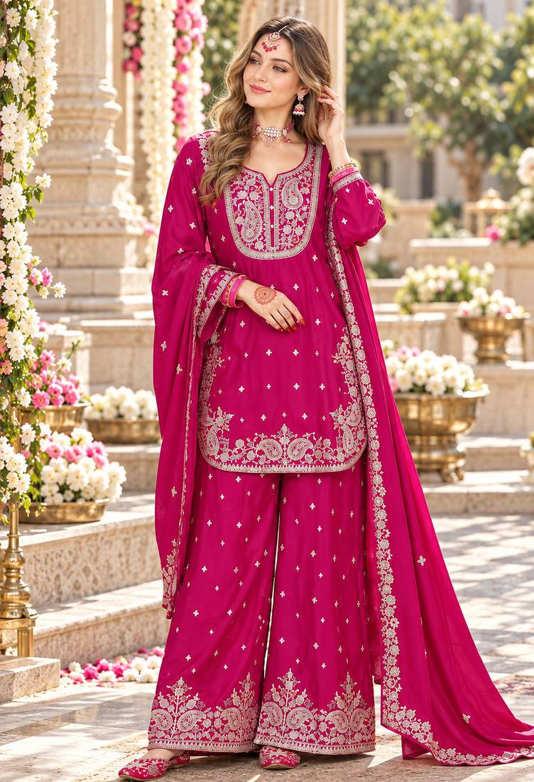 Rani pink chinon readymade suit with embroidery & sequence work