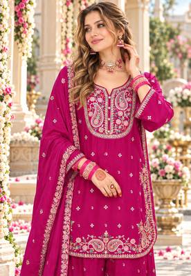 Rani pink chinon readymade suit with embroidery & sequence work 2