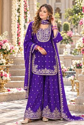 Violet chinon readymade suit with embroidery & sequence work 1