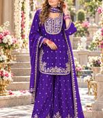 Violet chinon readymade suit with embroidery & sequence work