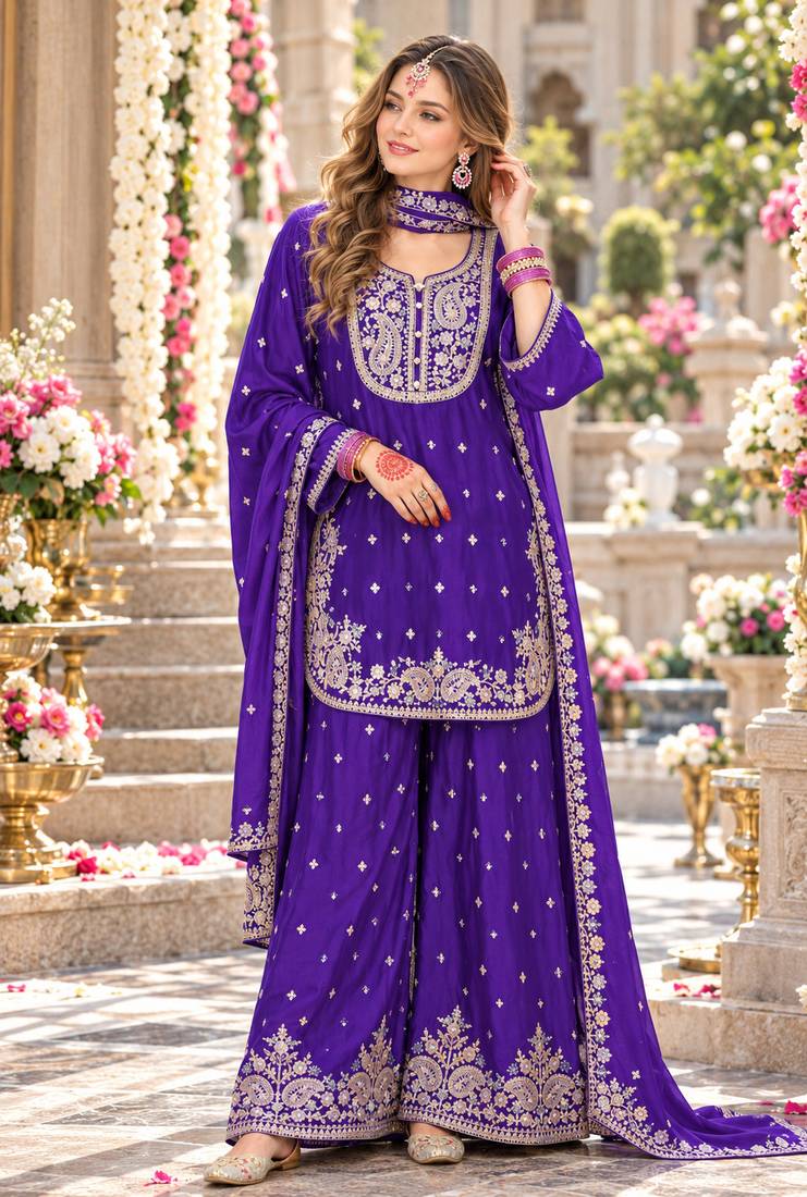 Violet chinon readymade suit with embroidery & sequence work