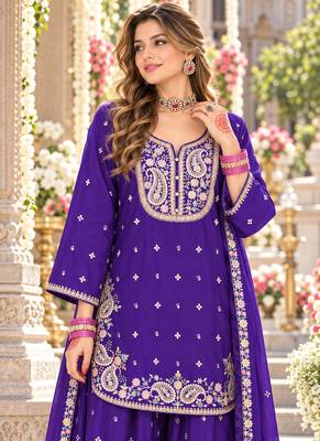 Violet chinon readymade suit with embroidery & sequence work 2