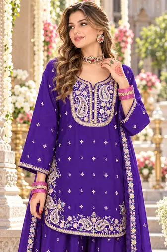 Violet chinon readymade suit with embroidery & sequence work