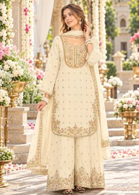 off-White chinon readymade suit with embroidery & sequence work 1