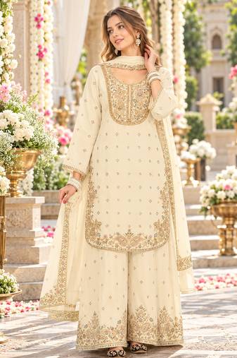off-White chinon readymade suit with embroidery & sequence work