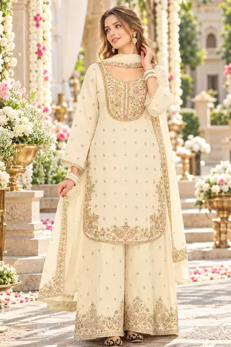 off-White chinon readymade suit with embroidery & sequence work