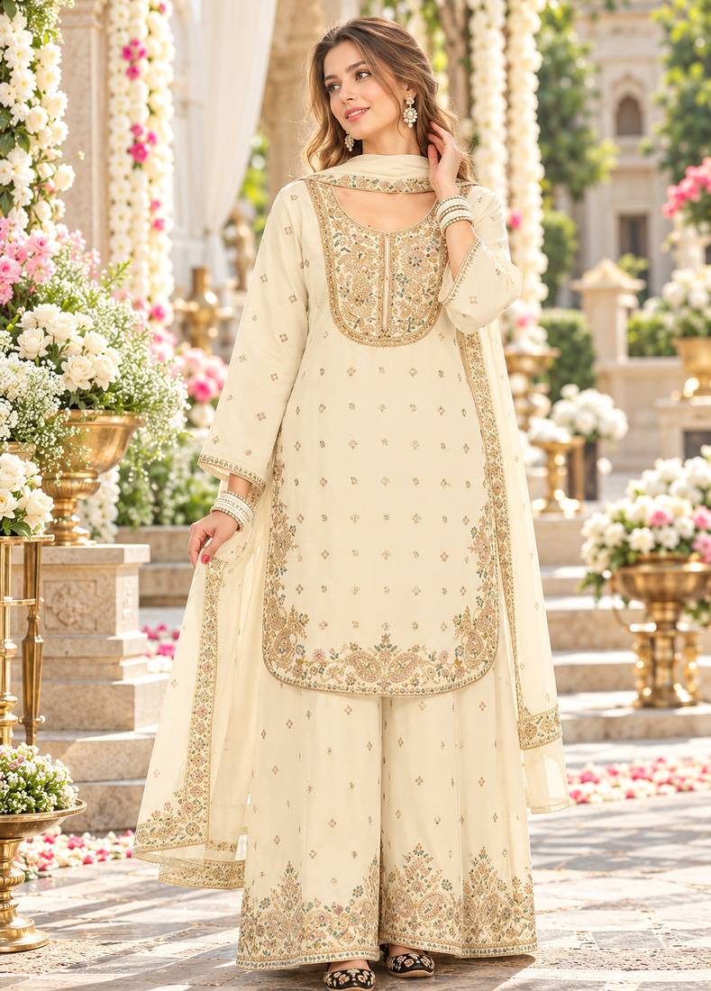 off-White chinon readymade suit with embroidery & sequence work