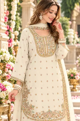 off-White chinon readymade suit with embroidery & sequence work