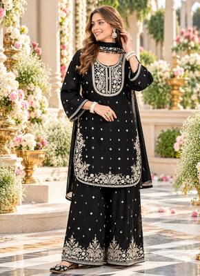 Black chinon readymade suit with embroidery & sequence work 1