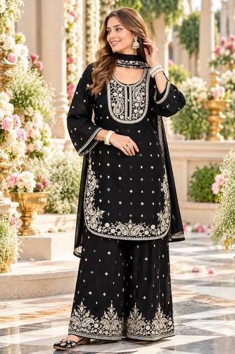 Black chinon readymade suit with embroidery & sequence work