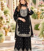 Black chinon readymade suit with embroidery & sequence work