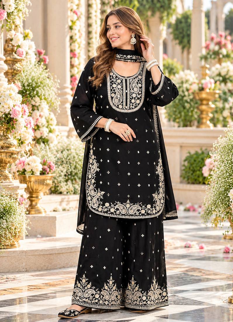 Black chinon readymade suit with embroidery & sequence work