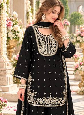 Black chinon readymade suit with embroidery & sequence work 2