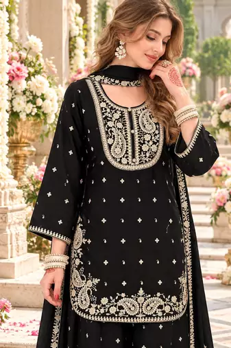 Black chinon readymade suit with embroidery & sequence work