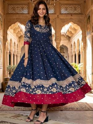 Women ethnic motifs printed thread work anarkali kurta 1