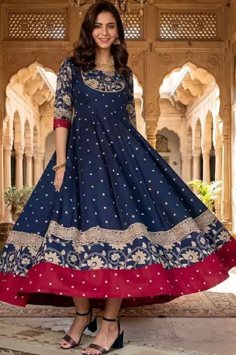 Women ethnic motifs printed thread work anarkali kurta