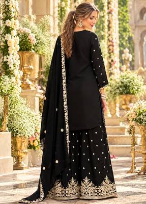 Black chinon readymade suit with embroidery & sequence work 3