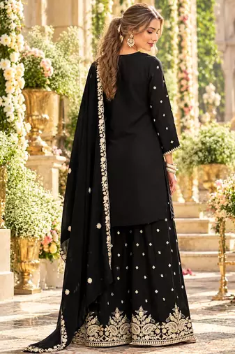 Black chinon readymade suit with embroidery & sequence work