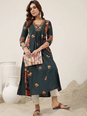 Women floral printed thread work floral anarkali kurta 1