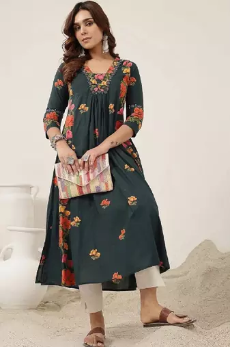 Women floral printed thread work floral anarkali kurta