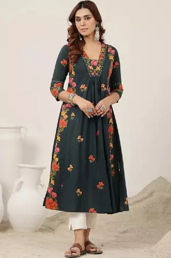 Women floral printed thread work floral anarkali kurta