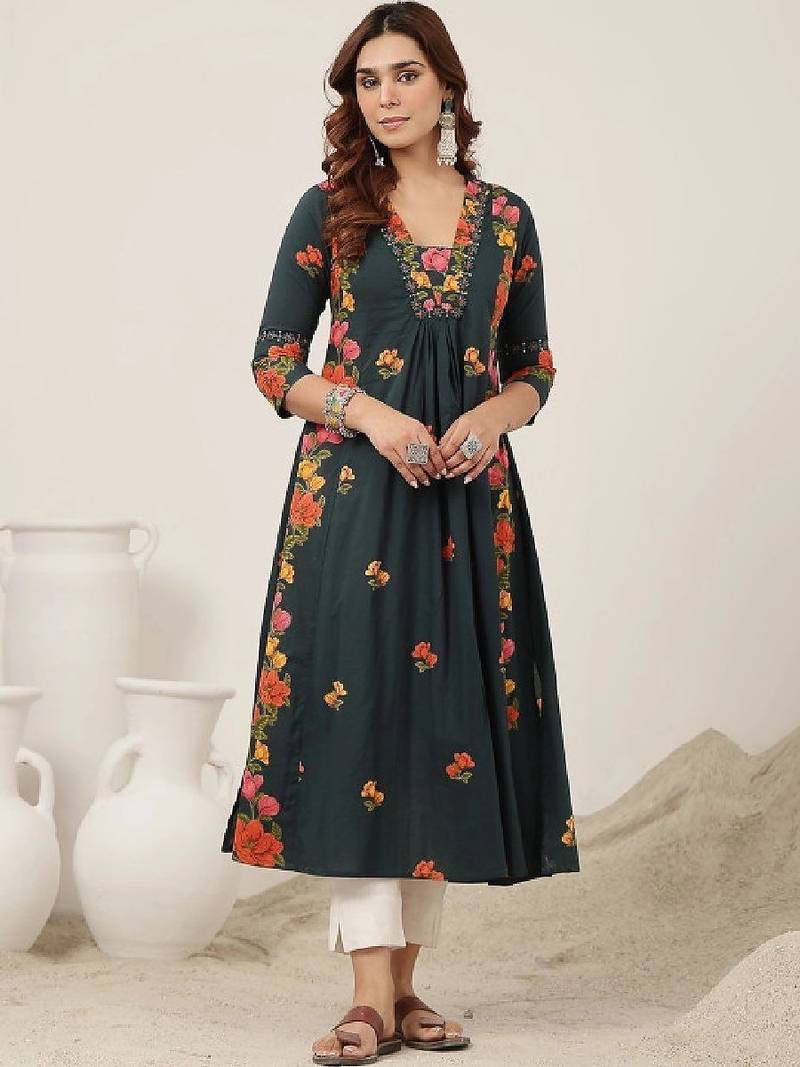 Women floral printed thread work floral anarkali kurta
