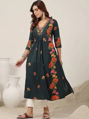 Women floral printed thread work floral anarkali kurta 4