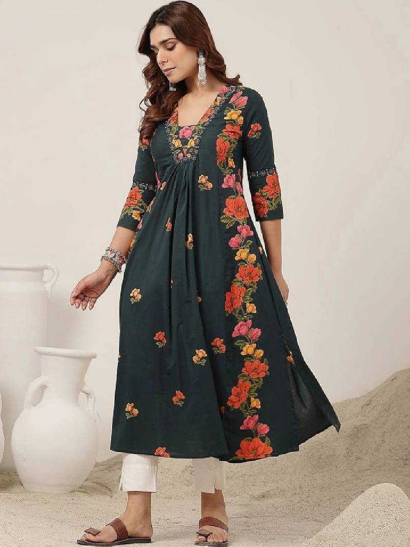 Women floral printed thread work floral anarkali kurta